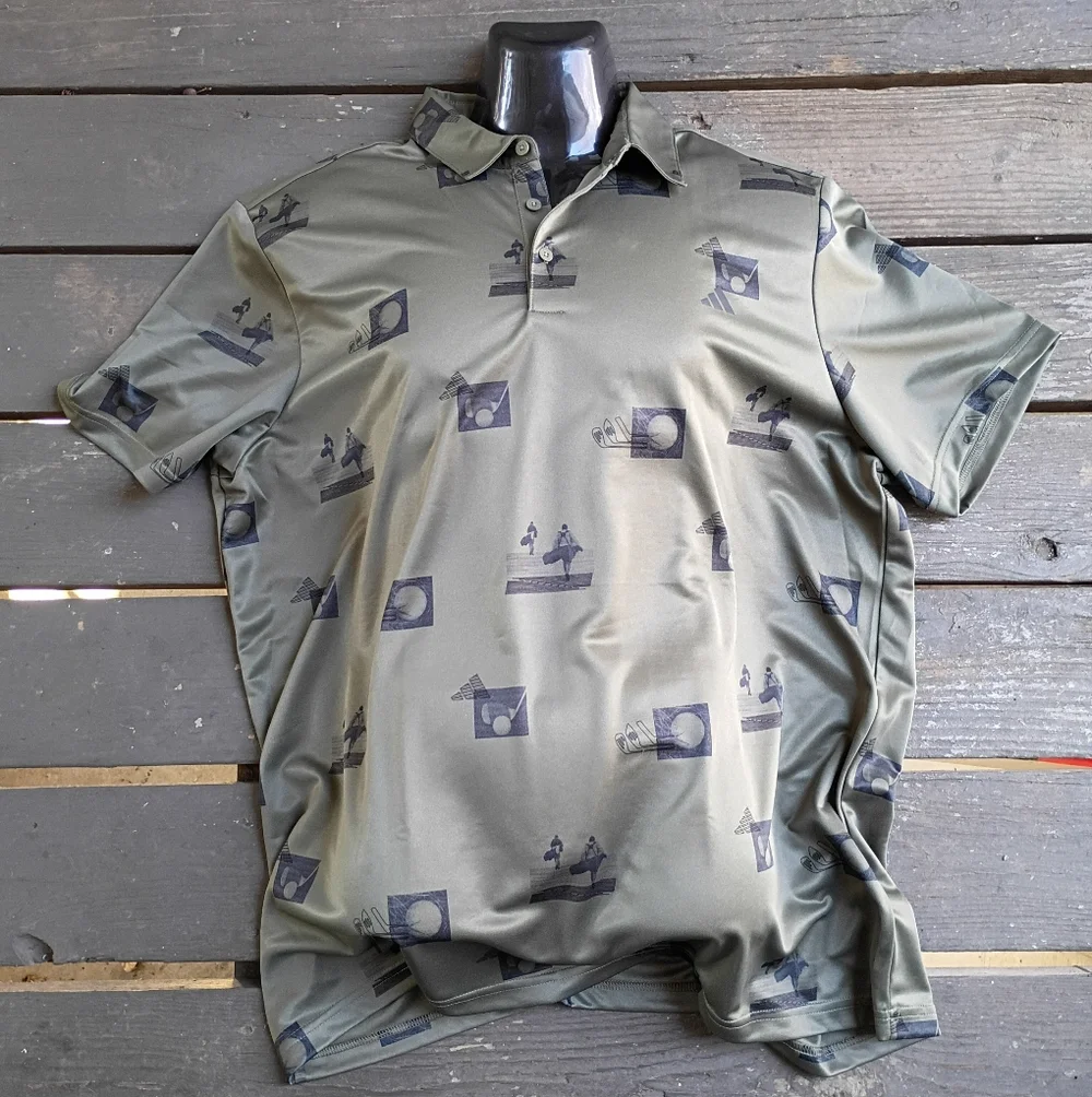 Adidas Mens Allover Printed Polo Shirt Golf Olive Green Graphic Shirt Size 2XL - Picture 2 of 12